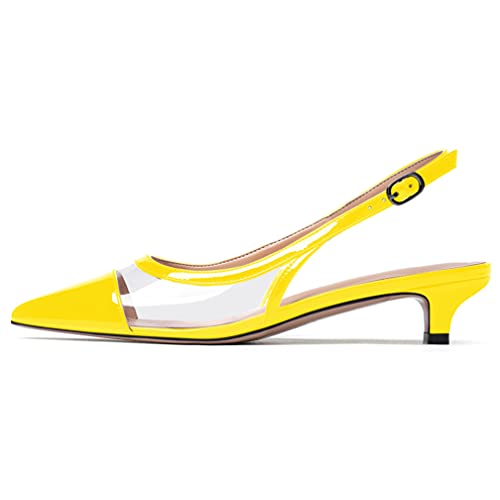 WAYDERNS Women's Patent Leather Transparent Clear Pointed Toe Patchwork Ankle Strap Slingback Low Kitten Heel Pumps Shoes 1.5 Inch2