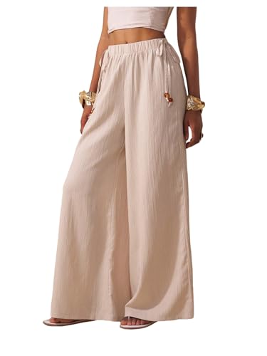 Women's Elastic Waist Casual Pants Side Knot Straight Wide Leg Lounge Pants Trousers