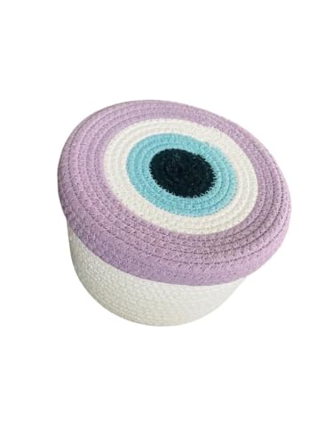 Image of Round Cotton Rope Evil Eye Storage Basket with Lid, Decorative Woven Storage Bin, Pot, Caddy, Organizer, Container for Snacks, Plants, 8x8x5 Inches Multicolor (Purple)