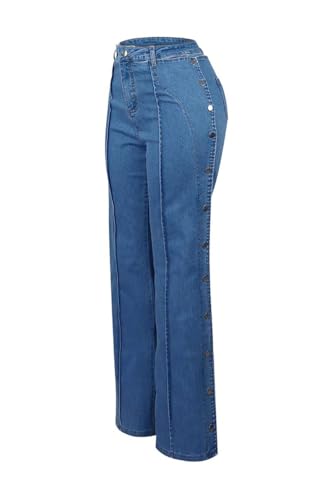 Women's Casual Jeans Y2k Straight Pants High Waisted Double Side Button Closure Stretch Pants Trendy Clothing4
