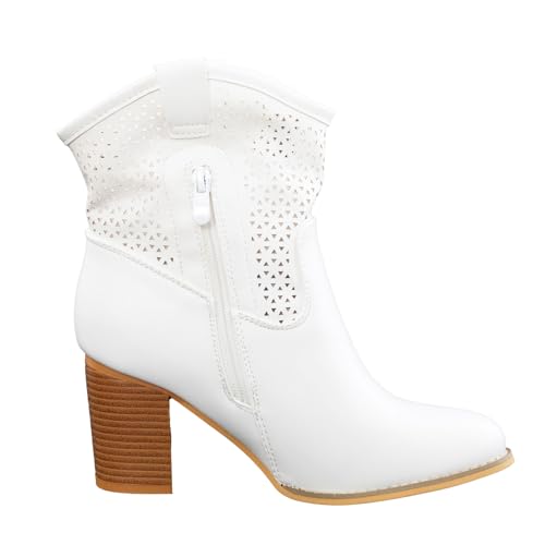 Toocool Sommerstiefel für Damen, Sommerschuhe mit Perforation, bequeme Absatzschuhe, Stiefeletten G633 [38, Weiß]