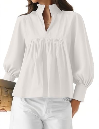 Women’s Puff Long Sleeve V Neck Blouse Peplum Pleated Babydoll Tops Fall Dressy Casual Loose Fit Shirts