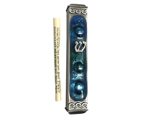 Tamara Baskin Art Glass Mediterranean Sea Mezuzah, Weatherproof Metal Case - Gift Box and Scroll Included - Handmade in the USA - Guaranteed for Life