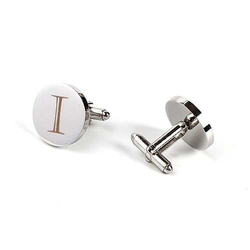 Image of Mens Initial Silver Cufflinks A-Z Alphabet Letter Steel Cuff Links with Engraved Walnut Wood Box Groom Groomsman Wedding Set