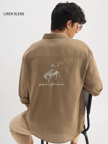 Image of The Souled Store Solid Linen: Beige Color Men and Boys Regular Outdoor Fit Full Sleeve Collared Neck Spread Collar Casual Wear Stylish Comfortable Premium Elegant Cotton Shirts