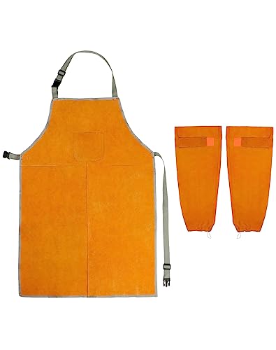 QWORK Welding Apron& Sleeves, Welding Work Protectors Set, Heat and Flame Resistant Leather Work Shop, Blacksmith Protective or Safety Clothing, Welders, Fireplace, Gardening, BBQ Apron, Bib Apron