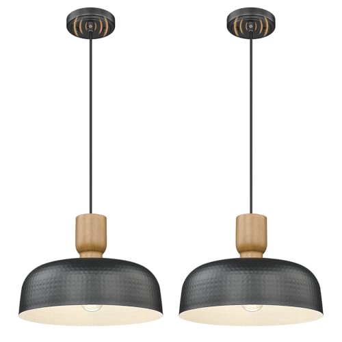 Image of Darkaway Dusk to Dawn Industrial Pendant Light Fixtures Ceiling Hanging with Hammered Metal Shade, 2pcs Black Pendant Light for Outdoor Porch Lighting Hanging Lamp Adjustable Height