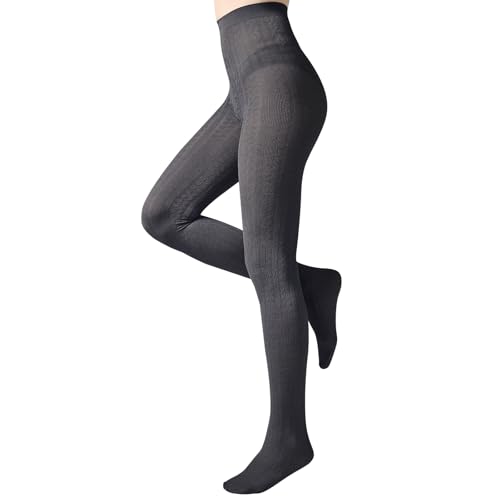Aaronano Women's Cable Knit Tights Soft Sweater Opaque Fall Winter Warm Tights for Women Under Dress Ribbed Knit Patterned Leggings Striped Thick Stockings(Dark Grey,L)