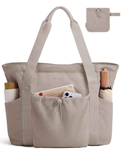 BAGSMART Foldable Tote Bag with Drawstring Bag Large Tote Bag Shoulder Bag Top Handle Handbag for Travel Work Beach Gym