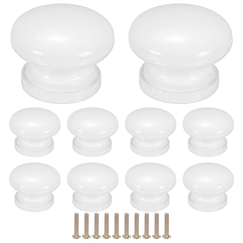 Image of M METERXITY 10-Pack Kicthen Cabinet Knobs, 1-3/8 in(35mm) Solid Wood Round Drawer Pull Handle for Dresser/Office/Cupboard, Drawer Knob Hardware [White]