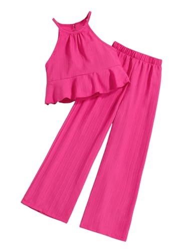 Image of SweatyRocks Girl's 2 Piece Outfits Ruffle Halter Sleeveless Top and Elastic High Waisted Pants Set