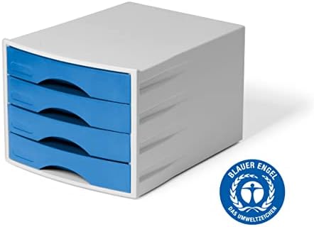 Durable ECO Desktop File Organiser 4 Drawers | A4 Paper Storage | Recycled & Blue Angel Certified | Document Filing Unit | Grey & Blue