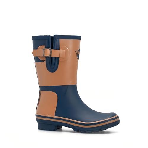 Evercreatures Gummistiefel für Damen, Gartenschuhe, wasserdichte Stiefel, niedlicher Druck, Regenbogen, mittlere Wade, Regenstiefel, UK-Marke, Blau/Orange, 39.5 EU
