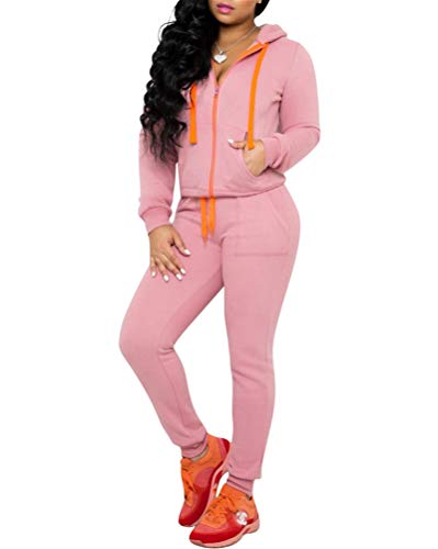 Women's Casual Two Piece Outfits Sweatsuits Tracksuits Jogging Suits 2 Pc Sets Jacket Hoodies + Skinny Sweatpants Jogger Pants with Pockets Pink Medium