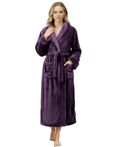NY Threads Peignoir de bain long en polaire chaude à col châle pour femme, prune, Medium