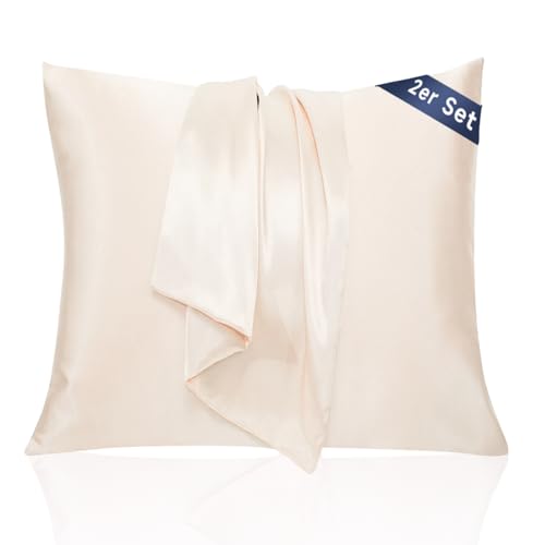 Taie Oreiller 65x65 Satin - Similaire aux Taie d Oreiller en Soie Lot de 2, Prend Soin de Votre Peau et de Vos Cheveux, Housse Coussin Satin Protege Oreiller (Beige,...