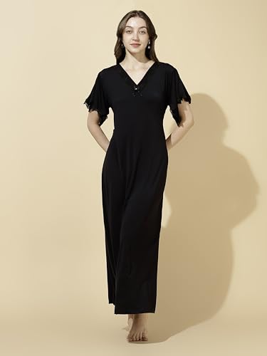 Image of 9shines Label Stylish Soft Modal Maxi Nighty | Honeymoon Nighty | Full Length Trendy Nightgown | V-Neck Lace | Premium Nightdress | Soft Long Nightdress | Maxi Gown Nightwear for Women (Malai Satin)