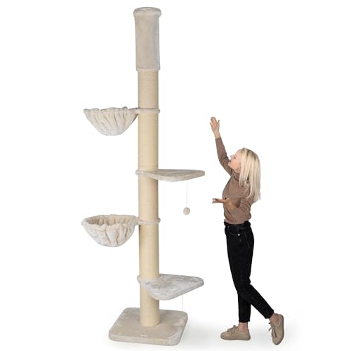 HAPPYPET Kratzbaum Deckenhoch 250 bis 275 cm 'Leonardo' - 18 cm Dicke Stämme, Große Liegemulden bis 20 kg, geprüftes Holz, Katzenkratzbaum Grosse Katzen Stabil XXL geeignet für Maine Coon, Creme