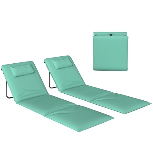 Outsunny Conjunto de 2 Esterillas de Playa Plegable, Esteras Portátil con Respaldo Ajustable, Reposacabezas Acolchado Tela Oxford 600D y Estructura de Metal, para Jardín, 146x50x2 cm, Verde