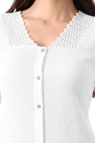 Image of Women V Neck Top with Button Front Puff Sleeves Crochet Lace Trim | Breathable Casual Blouse Shirt for Women | Summer Crop Top for Girls | Daily use Office College