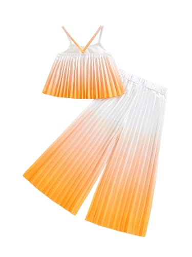 Image of RoseSeek Girl's 2 Piece Boho Cute Outfits Pleated Spaghetti Strap Camisoles Elastic Waist Wide Leg Pants Sets