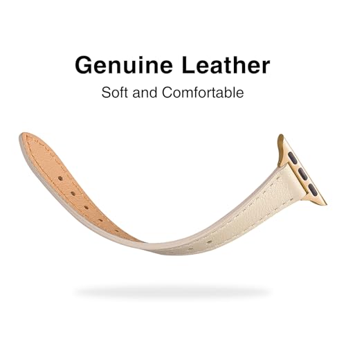 Image of STIROLL Slim Leather Bands Compatible with Apple Watch Band 38mm 40mm 41mm 42mm(Series 11 10), Top Grain Leather Watch Thin Wristband for iWatch SE 9 8 7 6 5 4 3 2 1 (Beige Gold)