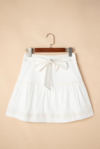 Women's White Contrast Stitching Knotted High Waist A-Line Mini Skirt3
