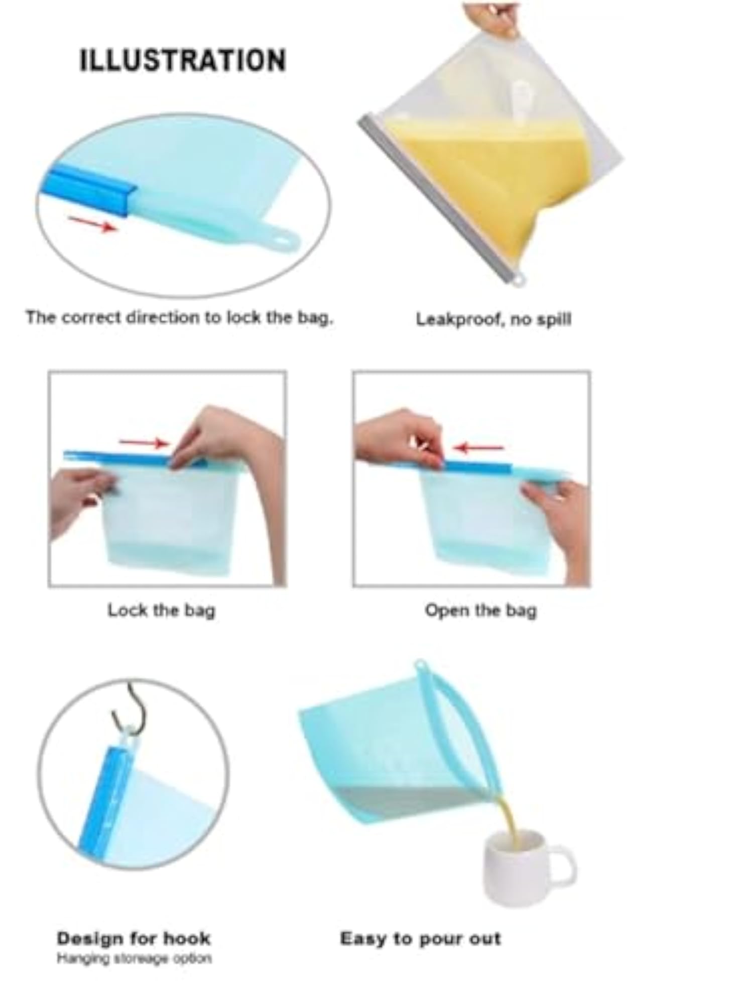 Pack of 3 Reusable Silicone Food Storage Bags, Leakproof