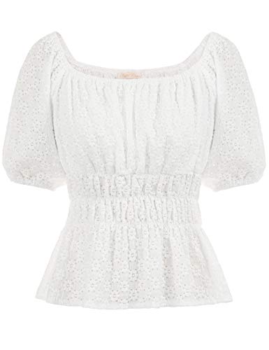 Plus Size White Short Sleeve Peplum Top for Women Puff Sleeve Vintage Blouse XL