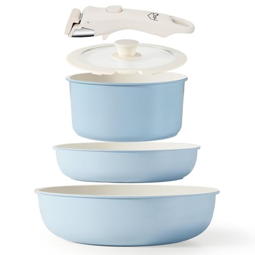 House of Quirk Maifan Stone Nonstick Cookware Set 5-Piece | Detachable Handle Pots & Pans | Stackable, Induction & Oven Safe Kitchen Set (Granite Blue)