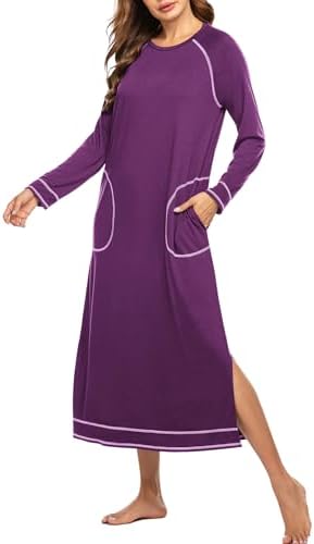 Ekouaer Women's Nightshirt Long Sleeve Nightgown Round Neck Sleepwear Full Length Pajama Dress with Pockets Loungewear S-XXL