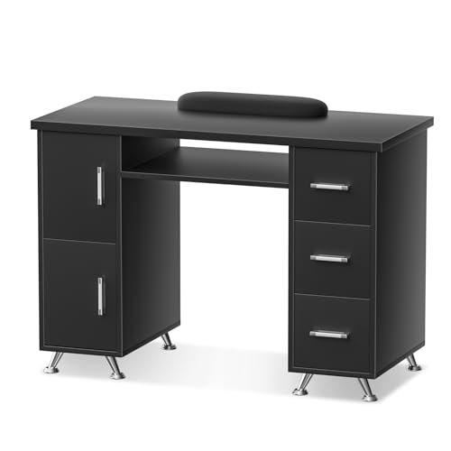 ABTSalon Nail Tech Table Black Double Layered Nail Desk for Nail Tech Desk Acetone Resistant Nail Table with Drawers, Black