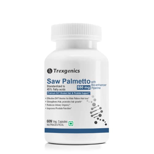 Trexgenics SAW PALMETTO Advanced - High Strength 45% Complex 550 mg with Bio-enhancer Piperine - Hair DHT Blocker & Prostate Support (60 Veg. Capsules) (1) — Saw Palmetto Supplements