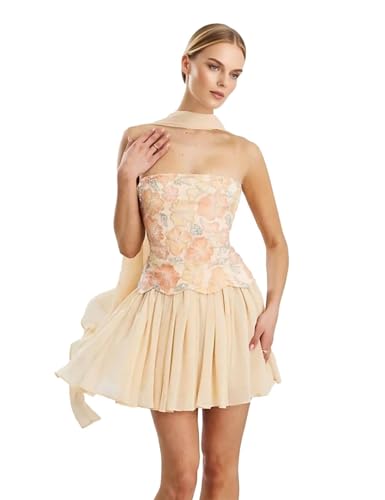 Strapless Satin Homecoming Dresses 2025 with Scarf Flowy Chiffon Short Prom Dresses for Teens Mini Cocktail Party Gown