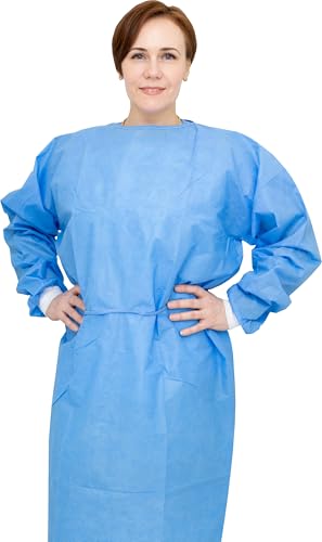 AMU Solutions Level 2 Disposable Isolation Gowns - SMS 35g, Knitted Cuffs, Fully Closed Double Tie Neck and Waist, Universal Fit, Latex-Free, Blue (100)