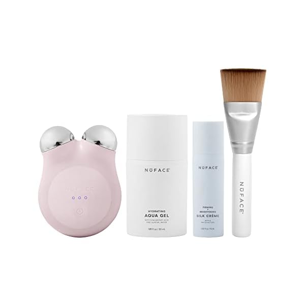 NuFACE Mini+ Starter Kit – Petite Facial Toning Device with Aqua Gel Activator 1.69 Oz, Silk Crème Activator 0.5 Oz + Clean Sweep Applicator Brush – Sandy Rose