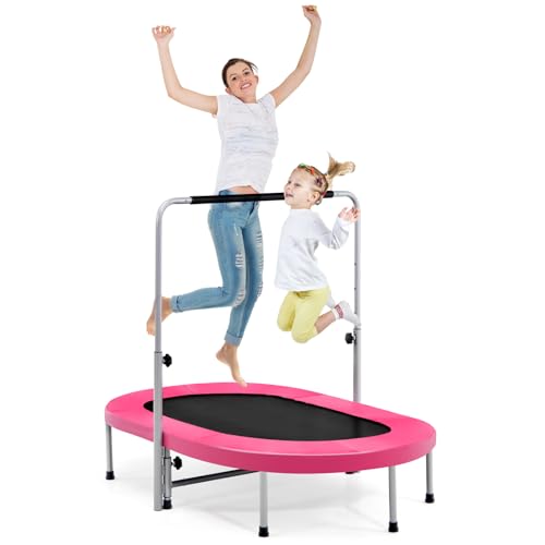 COSTWAY Mini Trampoline Pliable pour 2 Enfants Intérieur/Extérieur avec Main Courante Ajustable et Coussin de Sécurité Tapis de Saut Charge 150kg, Rose