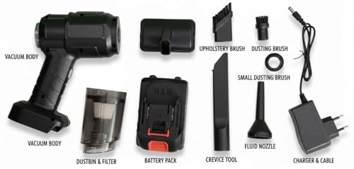 Image of 2-in-1 Cordless Vacuum and Blower Cleaner, 18V Rechargeable Battery, Black Handheld with Transparent Dust Cup, High-Efficiency Filter, Multiple Attachments