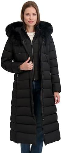 TAHARI womens Maxi Puffer Coat, Attached Bib, Faux Fur Hood Trim,...