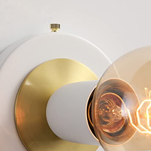 Image of BRIGHTTIA Luna Uno 1-Light Wall Sconce - Mid Century Industrial Modern Flush Mount Fixture for Wall & Ceiling - Minimalist Lamp for Bathroom and Small Spaces - White & Gold (BC0026-1WG)
