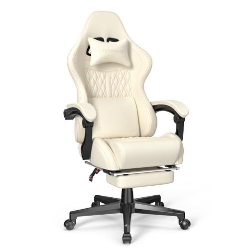 Ferghana Vintage PU Leather Gaming Chair, High Back Gamer Chair with Massage, Ergonomic Computer Office Chair with Footrest for Adults, Racing Style Reclining Video Game Chair Beige