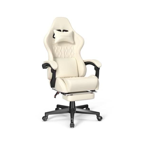 Ferghana Vintage PU Leather Gaming Chair, High Back Gamer Chair with Massage, Ergonomic Computer Office Chair with Footrest for Adults, Racing Style Reclining Video Game Chair Beige