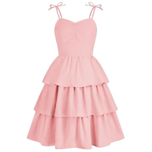 HOZIY Girls Summer Dress Teen Spaghetti Strap Ruched Sweetheart Short Dresses Kids Junior Ruffle Tiered Sundresses 7-16 Years 9-10 Years Pink Solid