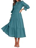 BTFBM Women Casual Long Sleeve Dress Fall Dresses 2024 Solid Color Relaxed Fit Smocked Tiered Flowy Boho Long Dresses(Solid Lake Blue,Small)