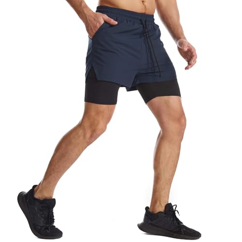 Surenow Mens 2 in 1 Running Shorts Quick Dry Athletic Shorts with Liner, Workout Shorts with Zip Pockets and Towel Loop