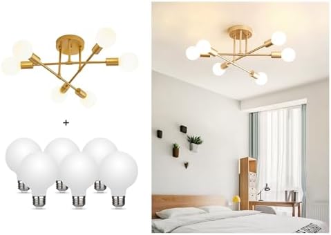 Modern Sputnik Chandelier, 6-Light Ceiling Light, LED Light Bulbs Included for Bedroom,Dining Room,Kitchen,Office (Gold)