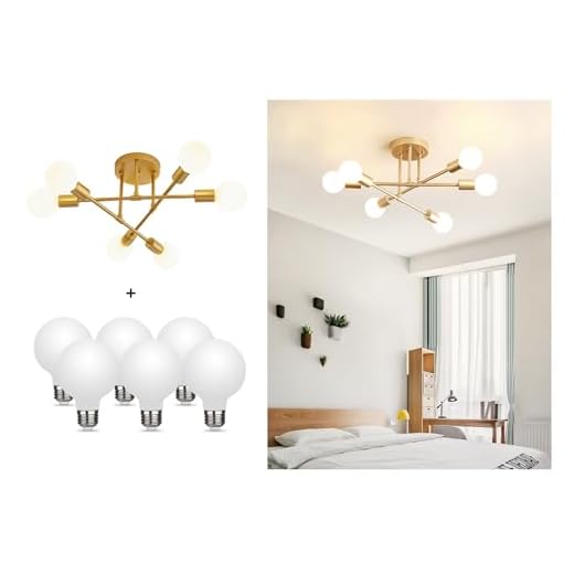 Dellemade Modern Sputnik Chandelier, 6-Light Ceiling Light, 6 LED Light Bulbs Included for Bedroom,Dining Room,Kitchen,Office (Gold)