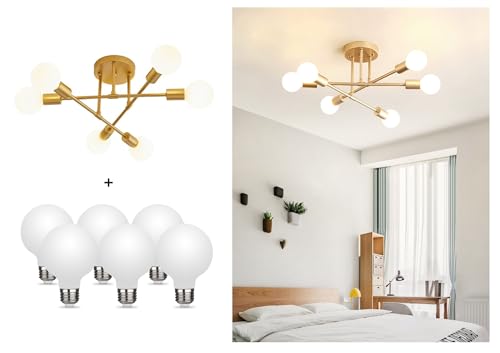 Dellemade Modern Sputnik Chandelier, 6-Light Ceiling Light, LED Light Bulbs Included for Bedroom,Dining Room,Kitchen,Office (Gold) by Dellemade - Used condition - US$21.84