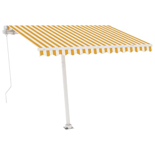 HOMELEN Standmarkise Manuell Einziehbar 300x250 cm Gelb/Weiß, Markise Balkon Ohne Bohren, mit Handkurbel Alu-Markise UV-Beständig Höhenverstellbar & Wasserabweisend | Sonnenschutz Für Laden