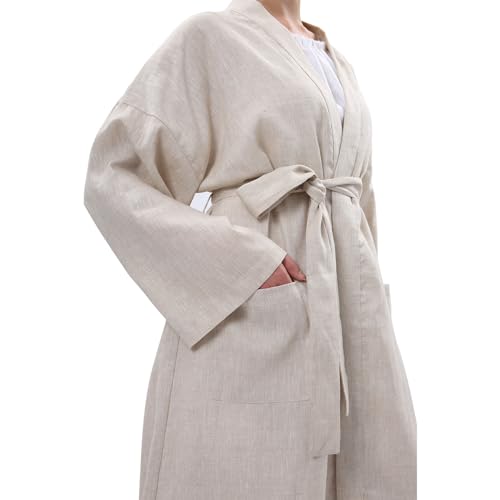 Amazhiyu Womens Pure Linen Mid Length Kimono Robes Lightweight Long Sleeve Bathrobe3